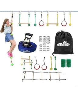 THUNDERBAY 40ft Ninja Slackline Kit Including 8 Hanging Obstacles, Adjustable Buckles, Tree Protectors and Carrying Bag