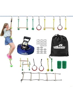 THUNDERBAY 40ft Ninja Slackline Kit Including 8 Hanging Obstacles, Adjustable Buckles, Tree Protectors and Carrying Bag