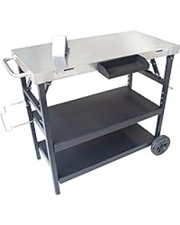 Thunderbay Foldable Grill Cart 3-Tier Utility Carts Movable Food Prep Pizza Oven Table Outdoor Stainless Steel Tool Storage Organizer